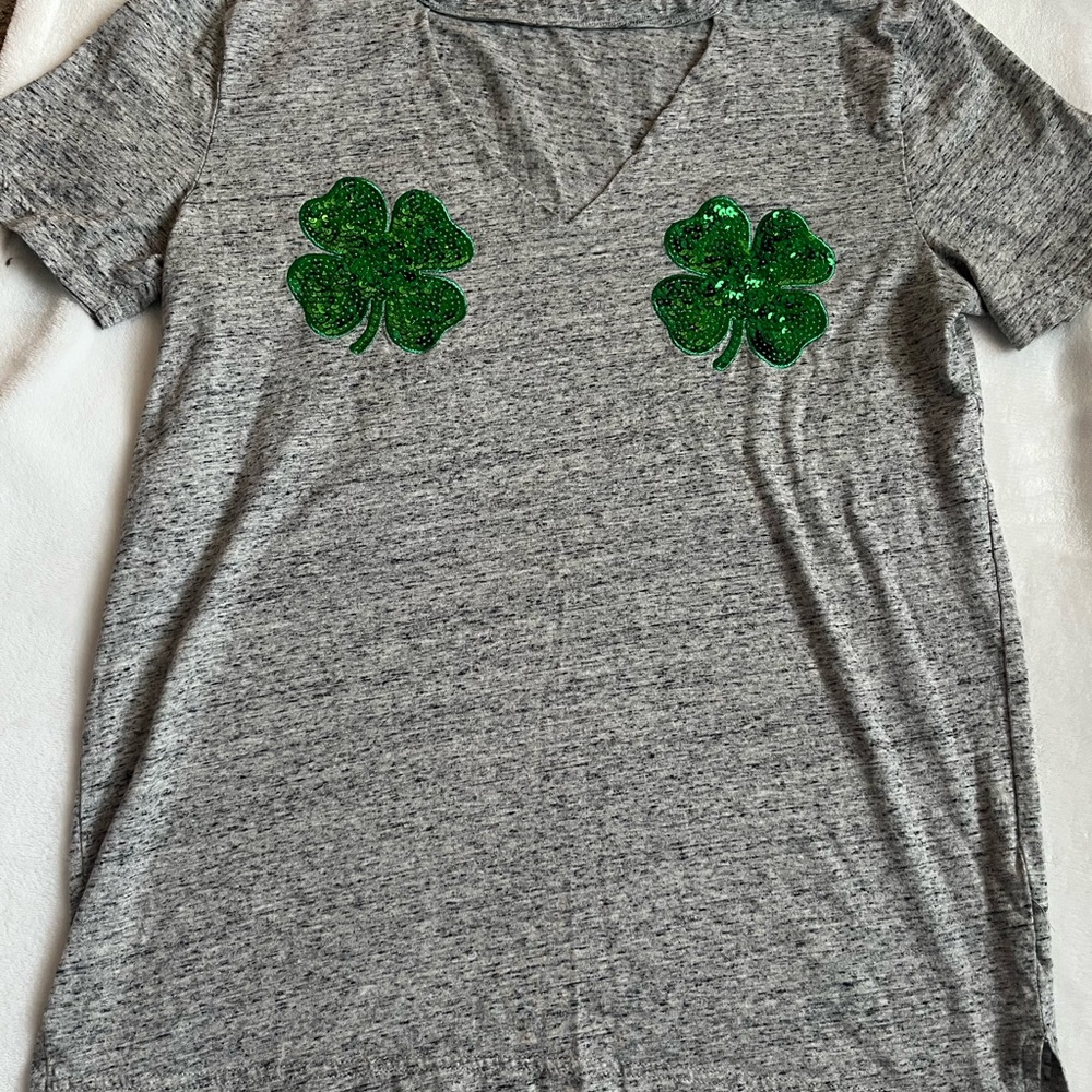 PINK Victorias Secret Gray V-Neck Top with Green Shamrock